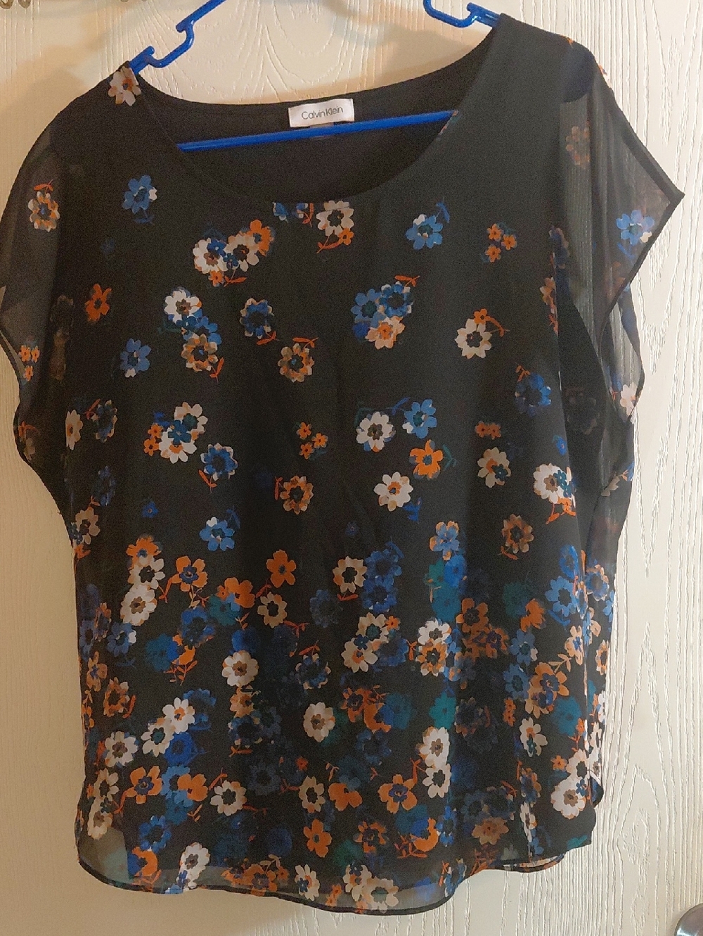 Calvin Klein Black Sheer Floral Top with Blue, Orange & White Flowers